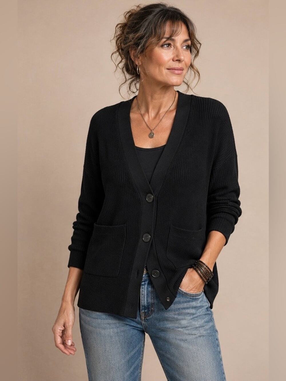 T Tahari Black Button-Front V-Neck Cardigan, Relaxed, Casual, Versatile, S